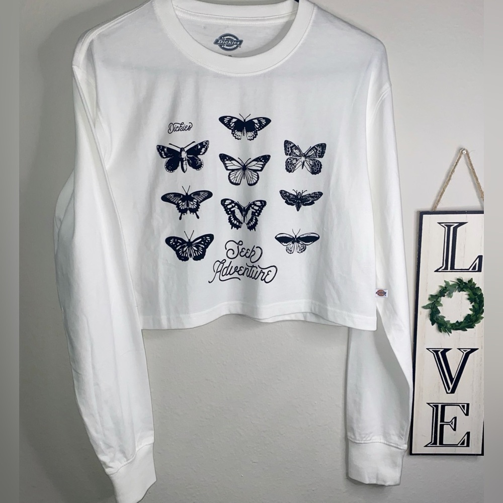 🆕DICKIES 100% COTTON BUTTERFLIES WHITE LONG SLEEVE CROPPED SHIRT